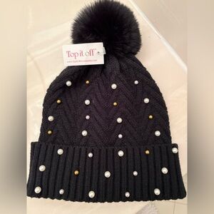Black Knit Beanie with Pearls and Pom Pom